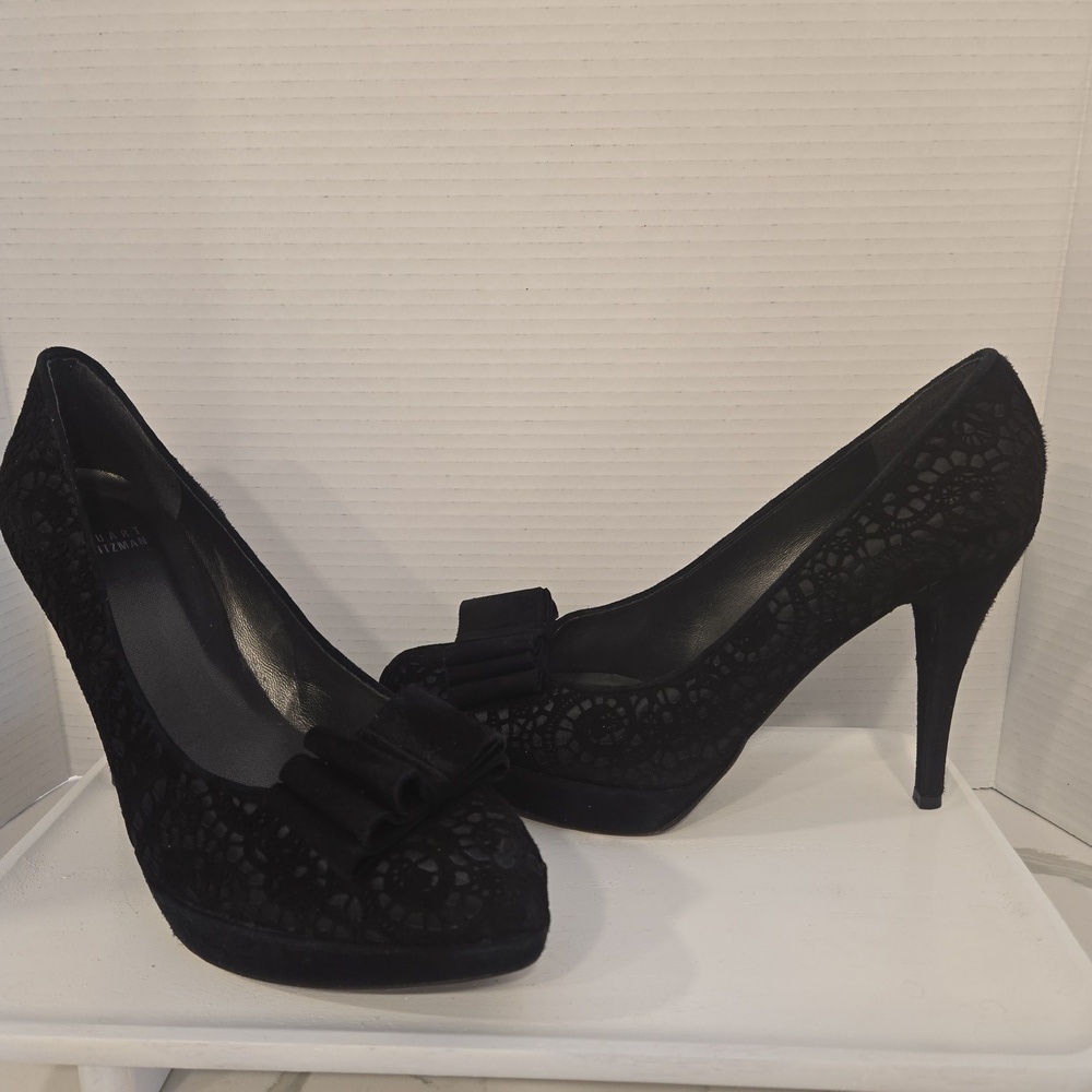 Stuart Weitzman Lace Bow Platform Heels Black Size 11